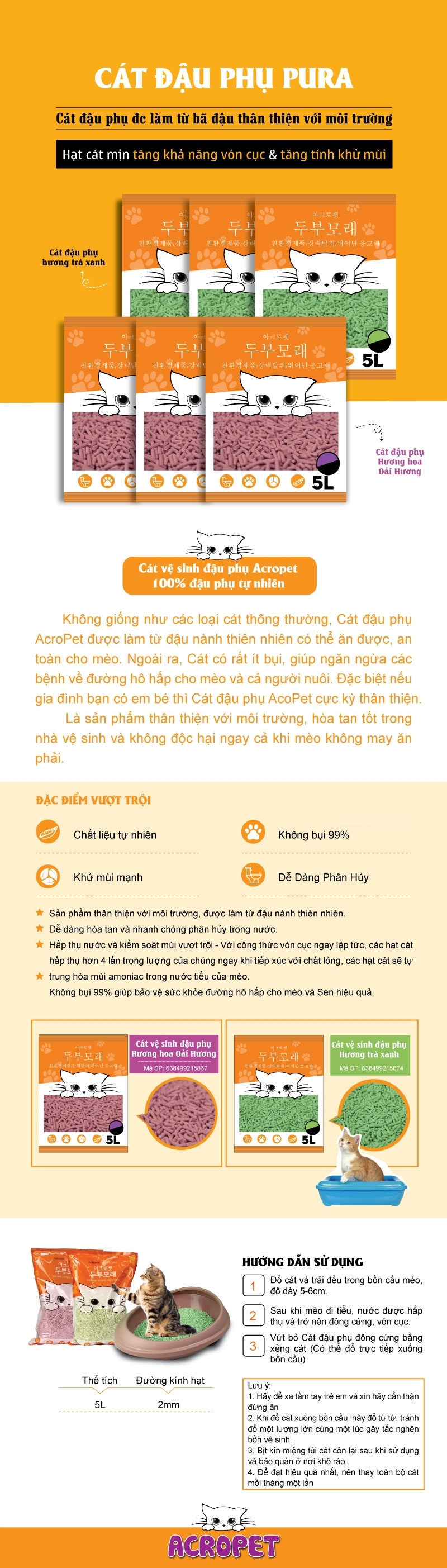 Cát vệ sinh đậu nành siêu thấm AcroPet gói 5L