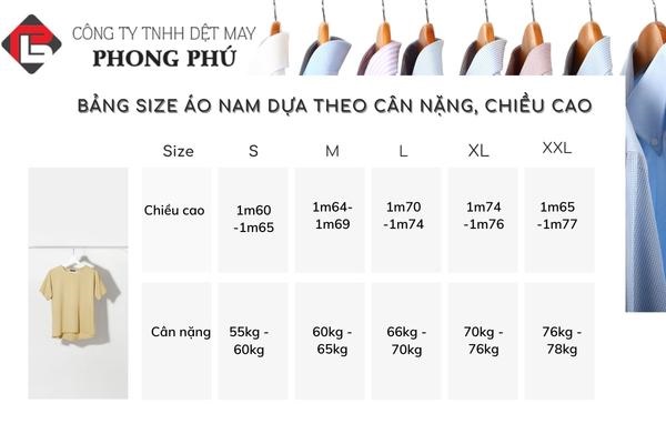 Cách chọn size áo nam XS, S, M, L, XL, XXL theo cân nặng