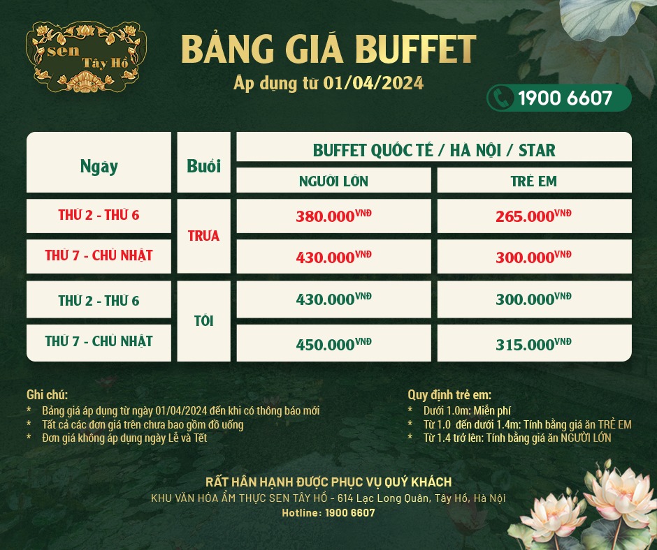 Bảng giá buffet sen tây hồ 2024 | Ẩm thực Buffet Sen Tây Hồ