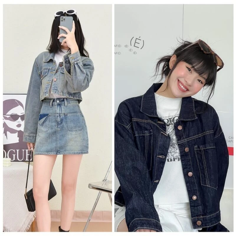 Mặc chân váy jean với áo jean