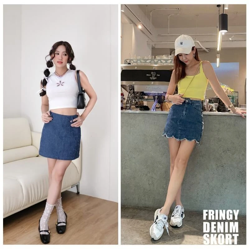 Chân váy jean với áo tank top