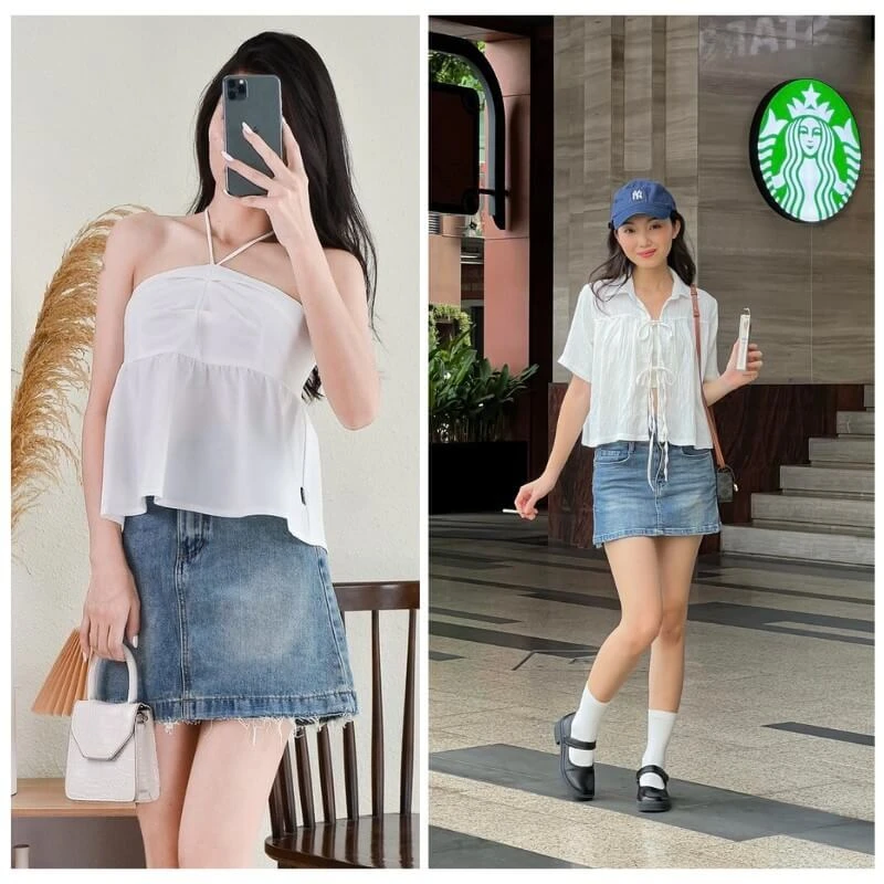 Phối chân váy jean với áo cổ yếm