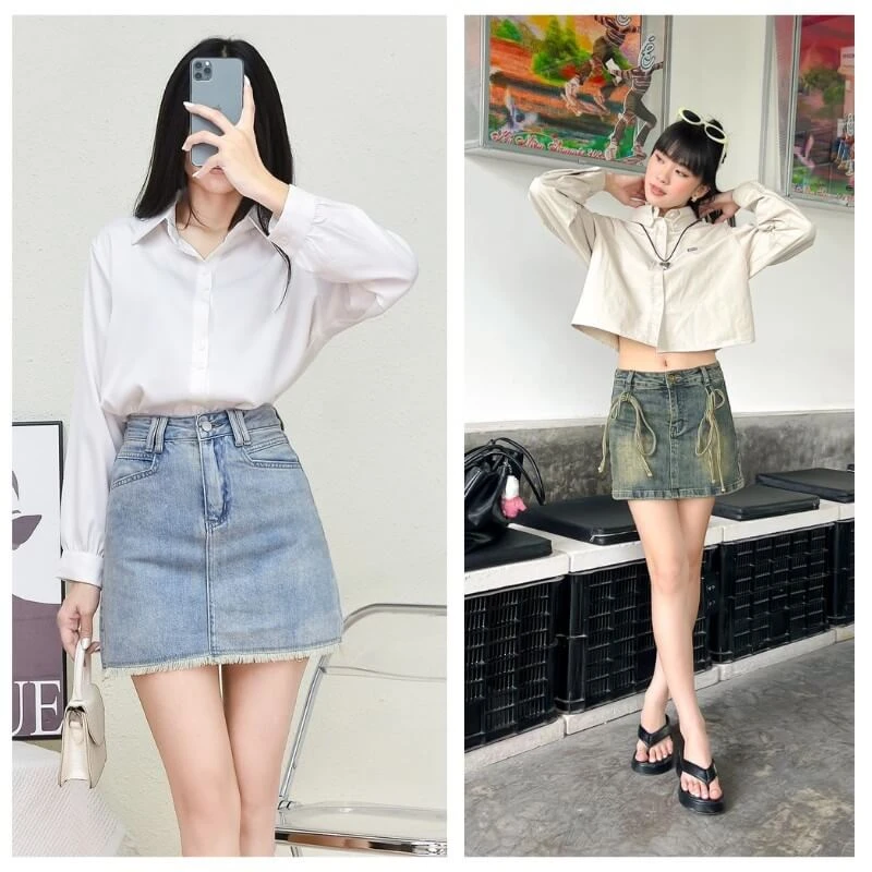 Chân váy jean phối với áo sơ mi