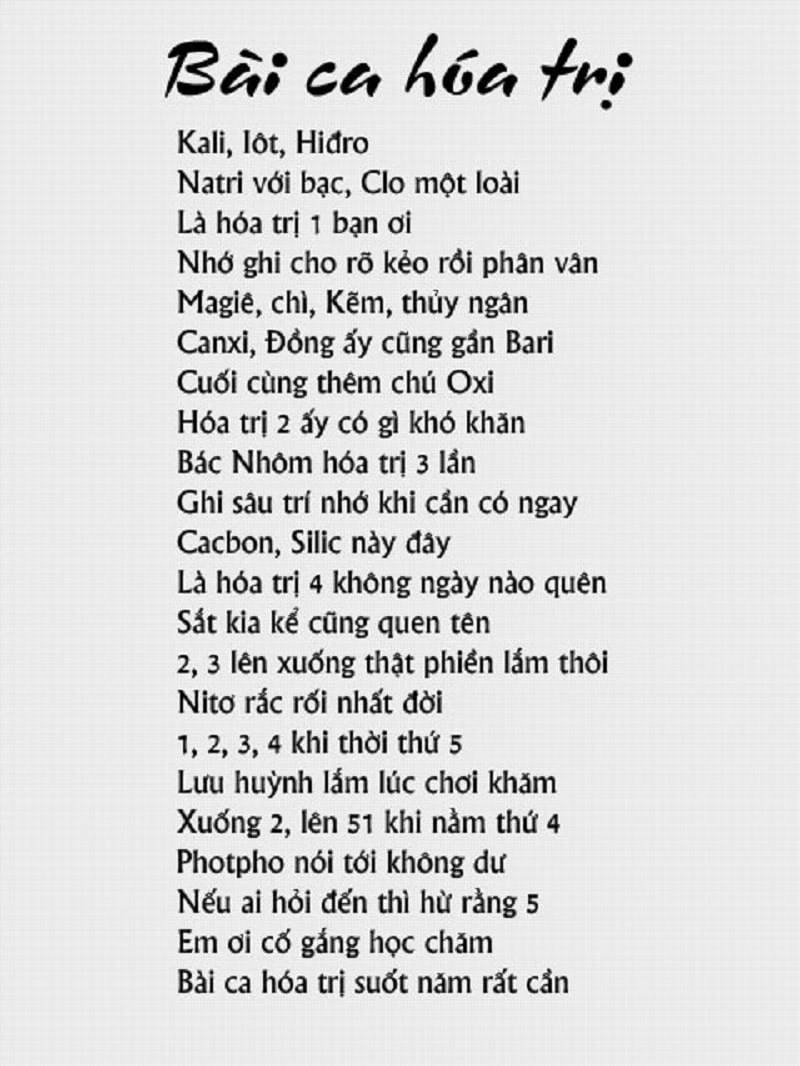 Bảng Hóa Trị Cơ Bản lớp 8 và Bài Ca Hóa Trị để học thuộc