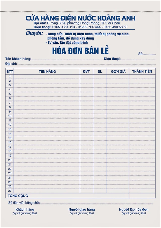 Mẫu hóa đơn bán lẻ, bán hàng đẹp, thông dụng file Word - PDF