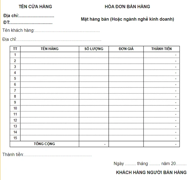 Mẫu hóa đơn bán lẻ, bán hàng đẹp, thông dụng file Word - PDF