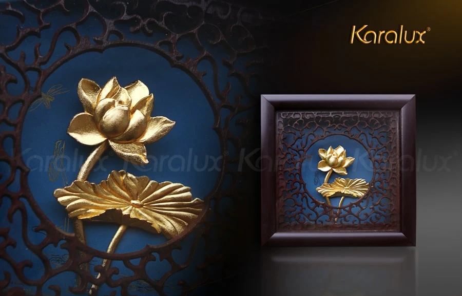 Bức tranh hoa sen để bàn mạ vàng 24K