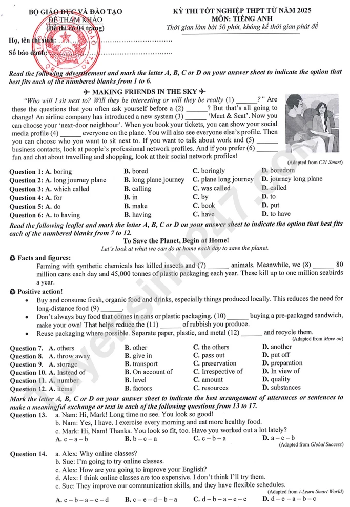 Bộ GD công bố đề minh họa tốt nghiệp THPT 2025 - Tất cả các môn