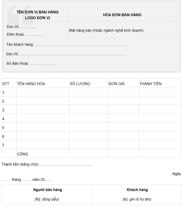 Mẫu hóa đơn bán lẻ, bán hàng đẹp, thông dụng file Word - PDF