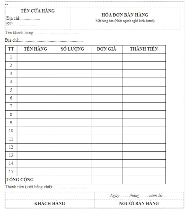 Mẫu hóa đơn bán lẻ, bán hàng đẹp, thông dụng file Word - PDF