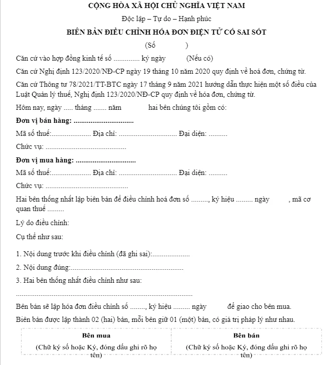 Mẫu biên bản điều chỉnh hóa đơn (TT78) - Quy trình điều chỉnh hóa đơn viết sai