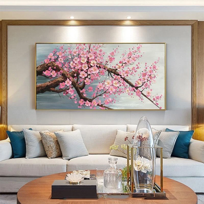 Tranh hoa đào đẹp sang trọng phòng khách st55