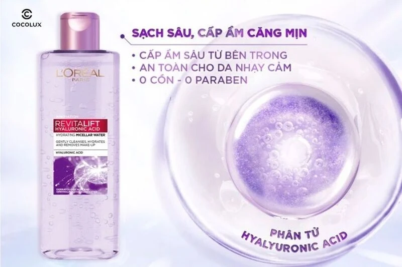 Review Nước Tẩy Trang Loreal Màu Tím Revitalift Hyaluronic Acid Micellar Water Cấp Ẩm, Căng Mịn Da