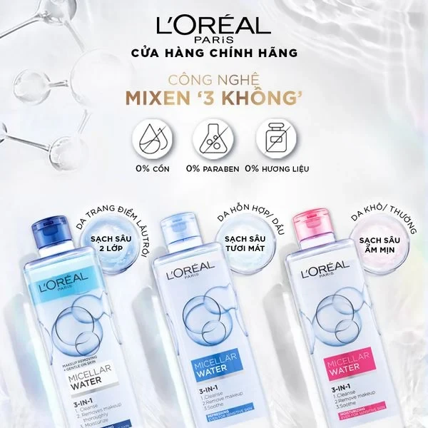 Nước Tẩy Trang L'OREAL Cho Da Dầu, Hỗn Hợp Micellar Water 3-in-1 Refreshing Even For Sensitive Skin 400ml