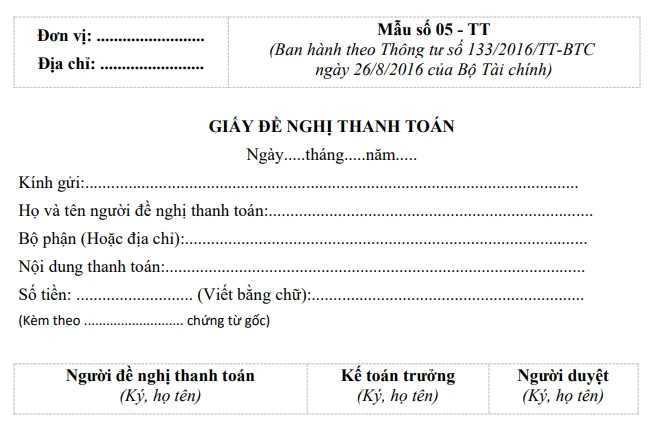 Tải mẫu giấy đề nghị thanh toán (Mẫu 05-TT) mới nhất
