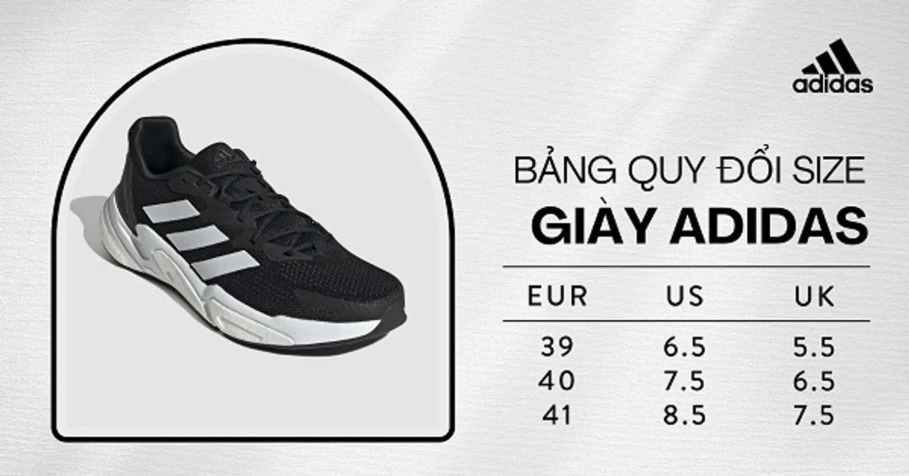 Bảng size giày Adidas nam nữ và trẻ em chuẩn kích cỡ EU UK US