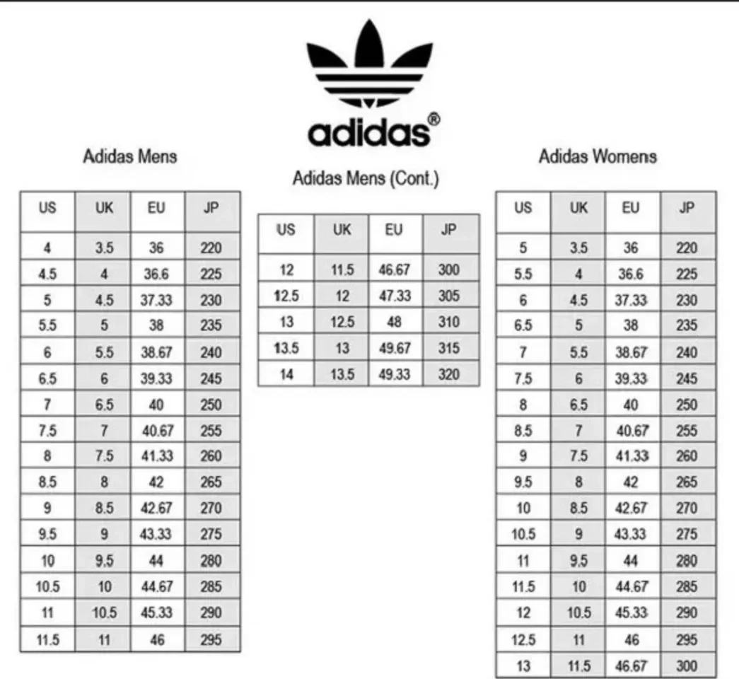 Bảng size giày Adidas nam nữ và trẻ em chuẩn kích cỡ EU UK US