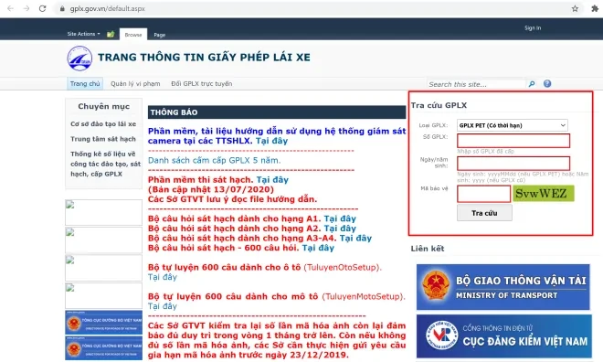 Hướng dẫn Tra cứu GPLX trực tuyến tại Website Tổng Cục Đường Bộ Việt Nam