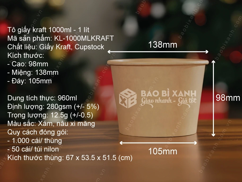 Giới thiệu tô giấy kraft đựng thức ăn 750ml 1000ml