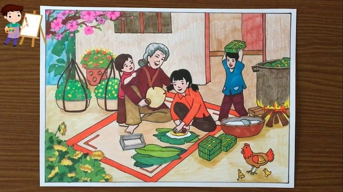 Vẽ tranh ngày Tết trên giấy A3 đơn giản và ý nghĩa