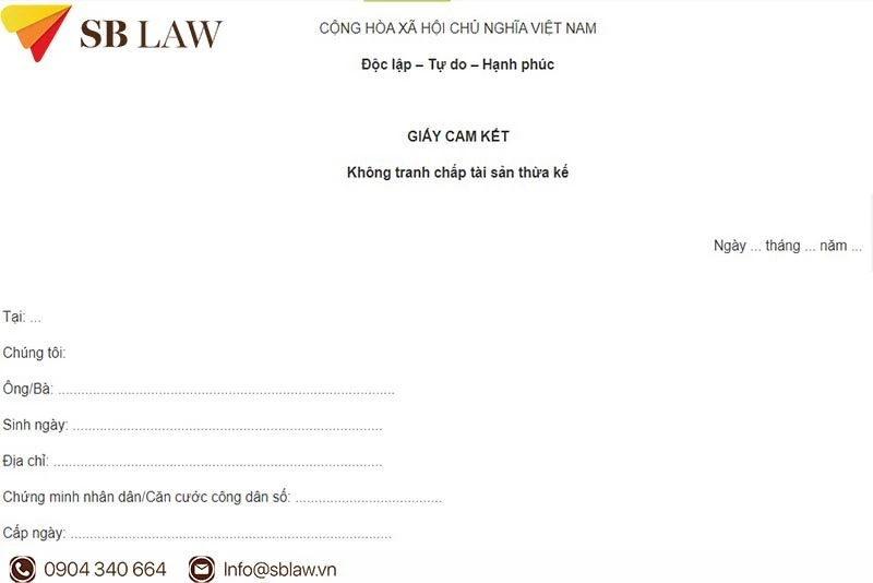 Mẫu giấy cam kết không tranh chấp tài sản thừa kế 2024