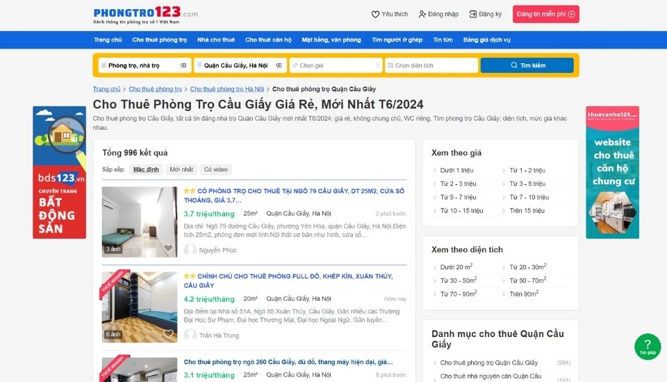 Cho Thuê Phòng Trọ Cầu Giấy (Hà Nội), Giá Rẻ, Mới Nhất 2025