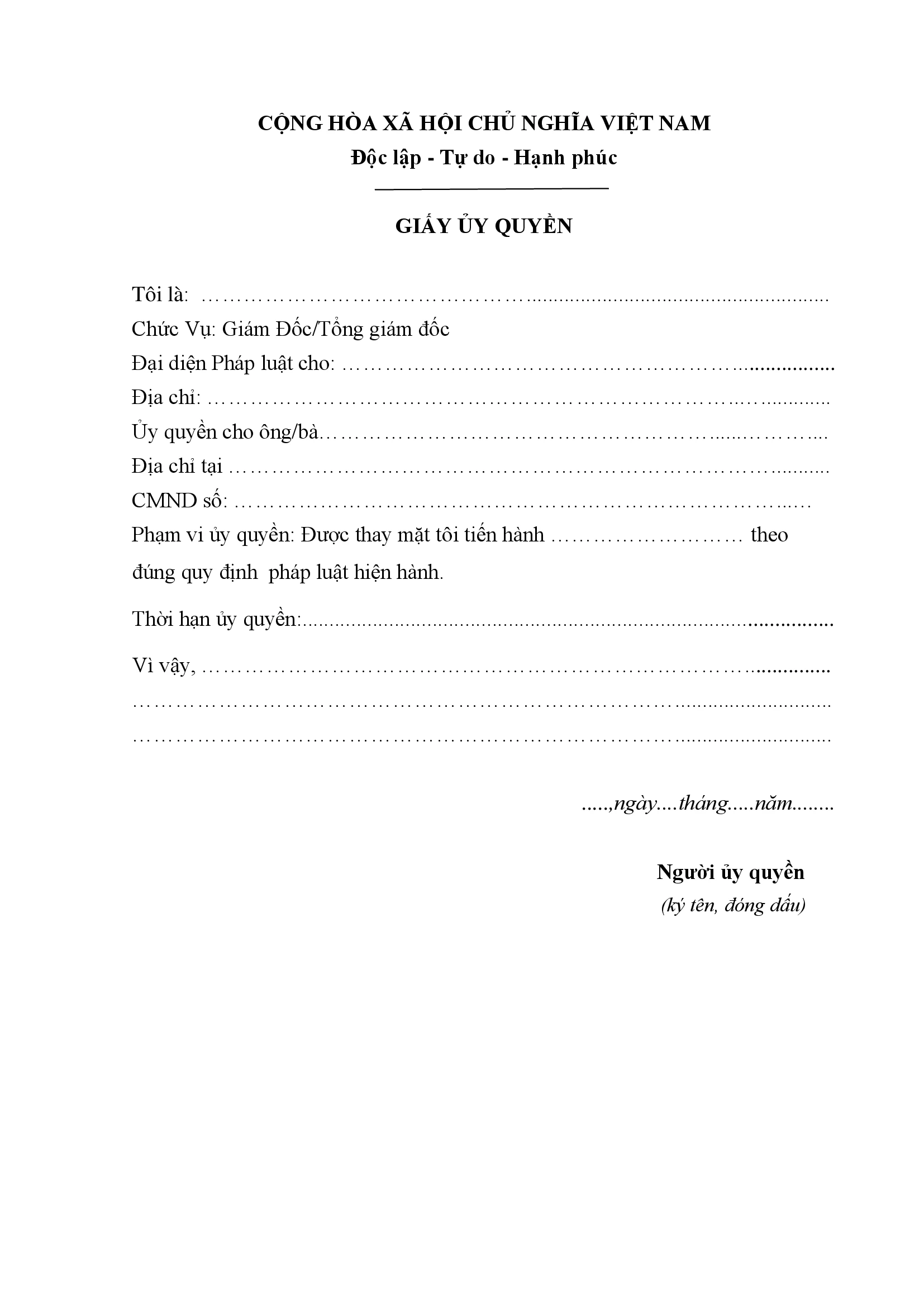 Mẫu giấy uỷ quyền cho người thân cập nhật mới nhất