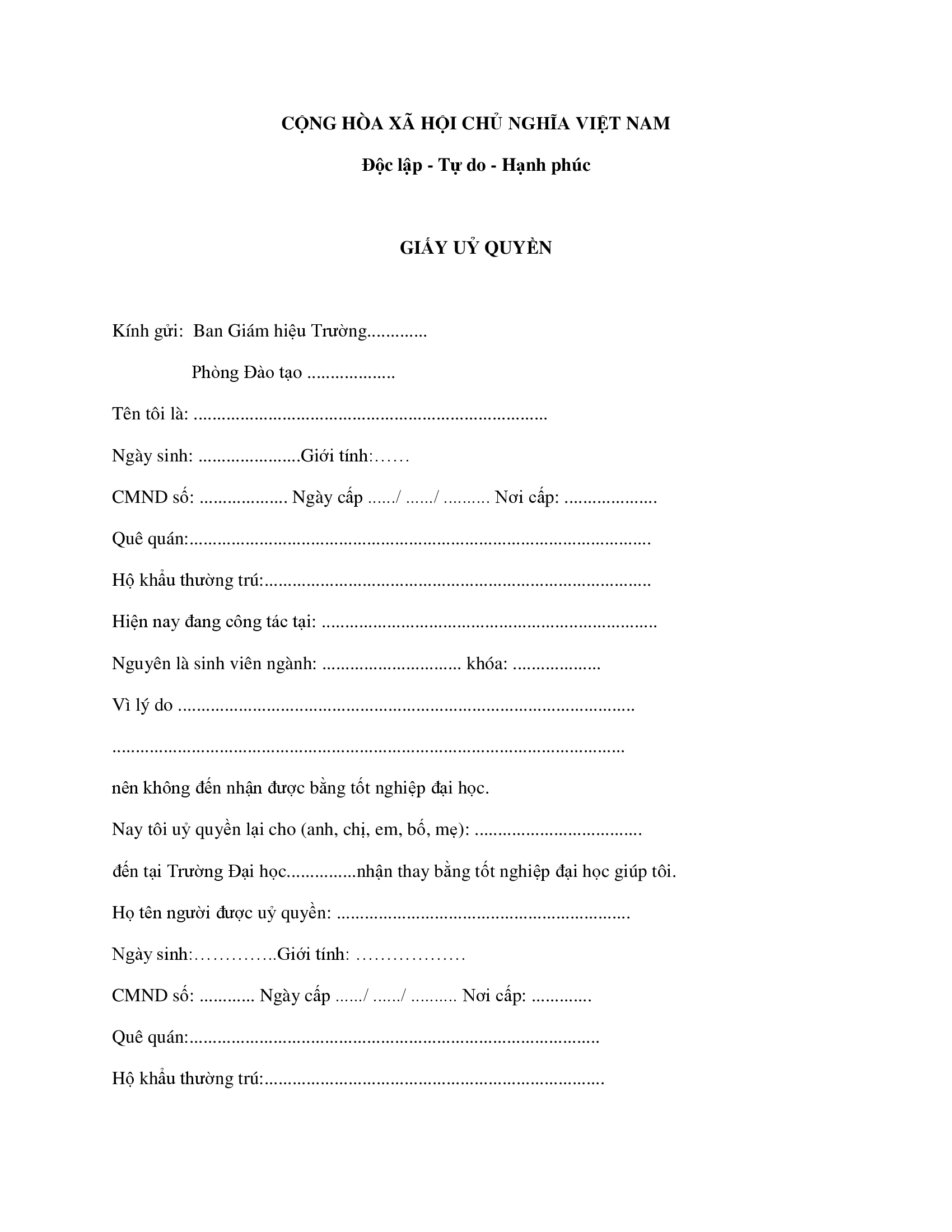Mẫu giấy uỷ quyền cho người thân cập nhật mới nhất