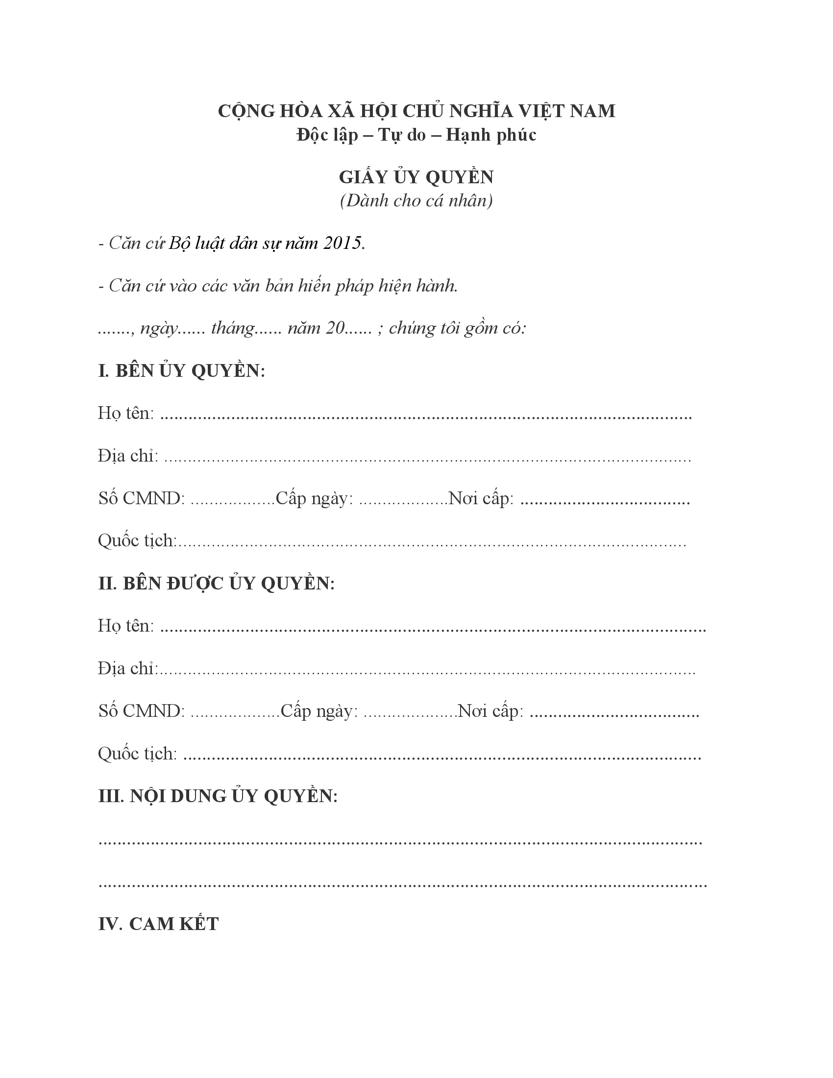 Mẫu giấy uỷ quyền cho người thân cập nhật mới nhất