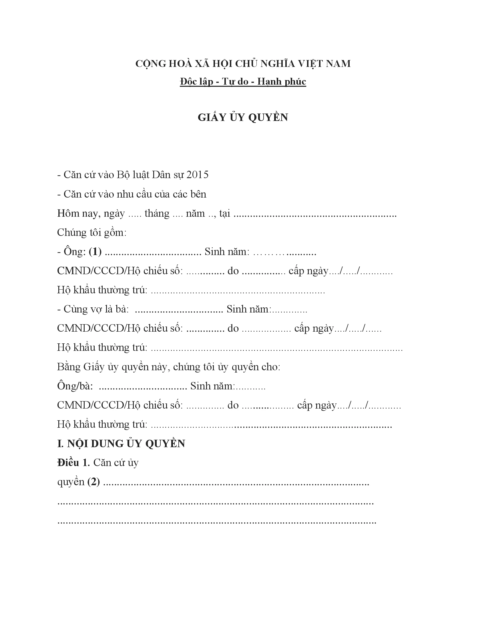 Mẫu giấy uỷ quyền cho người thân cập nhật mới nhất
