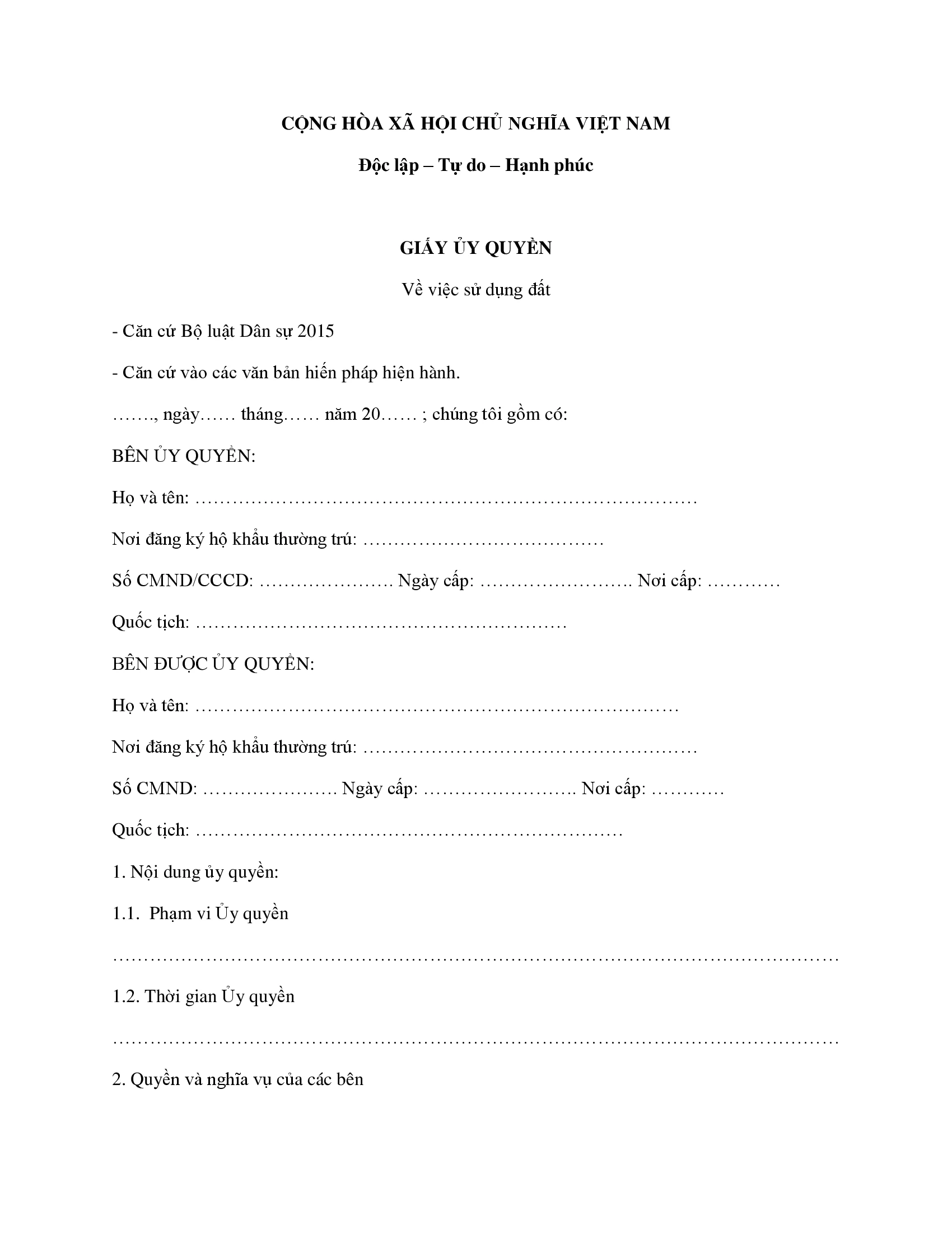 Mẫu giấy uỷ quyền cho người thân cập nhật mới nhất