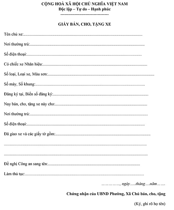 Giấy bán cho tặng xe: Hướng dẫn mẫu và lưu ý cần thiết